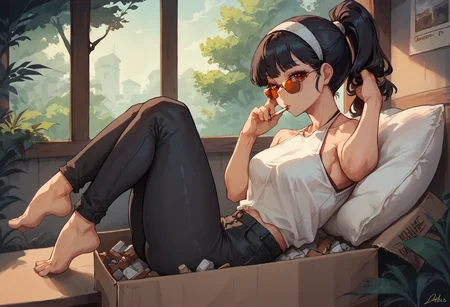 score_9, score_8_up, score_7_up, source_anime,soft shadows, ultra details,masterpiece,4k,best quality, hires,1girl, shirt,leg up, black hair, red eyes, smoking, relaxed, from side, looking at viewer, arms on sides, looking over eyewear, sunglasses, ponytail, white hairband, pants, halter shirt, in box, in container, cardboard box, insidebox, window, forest outside window, pillow, cigarette in mouth, adjusting hair, smoke
<lora:Your shipment have arrived (pony) v1:1>  <lora:Pony_DetailV2.0:1.0>