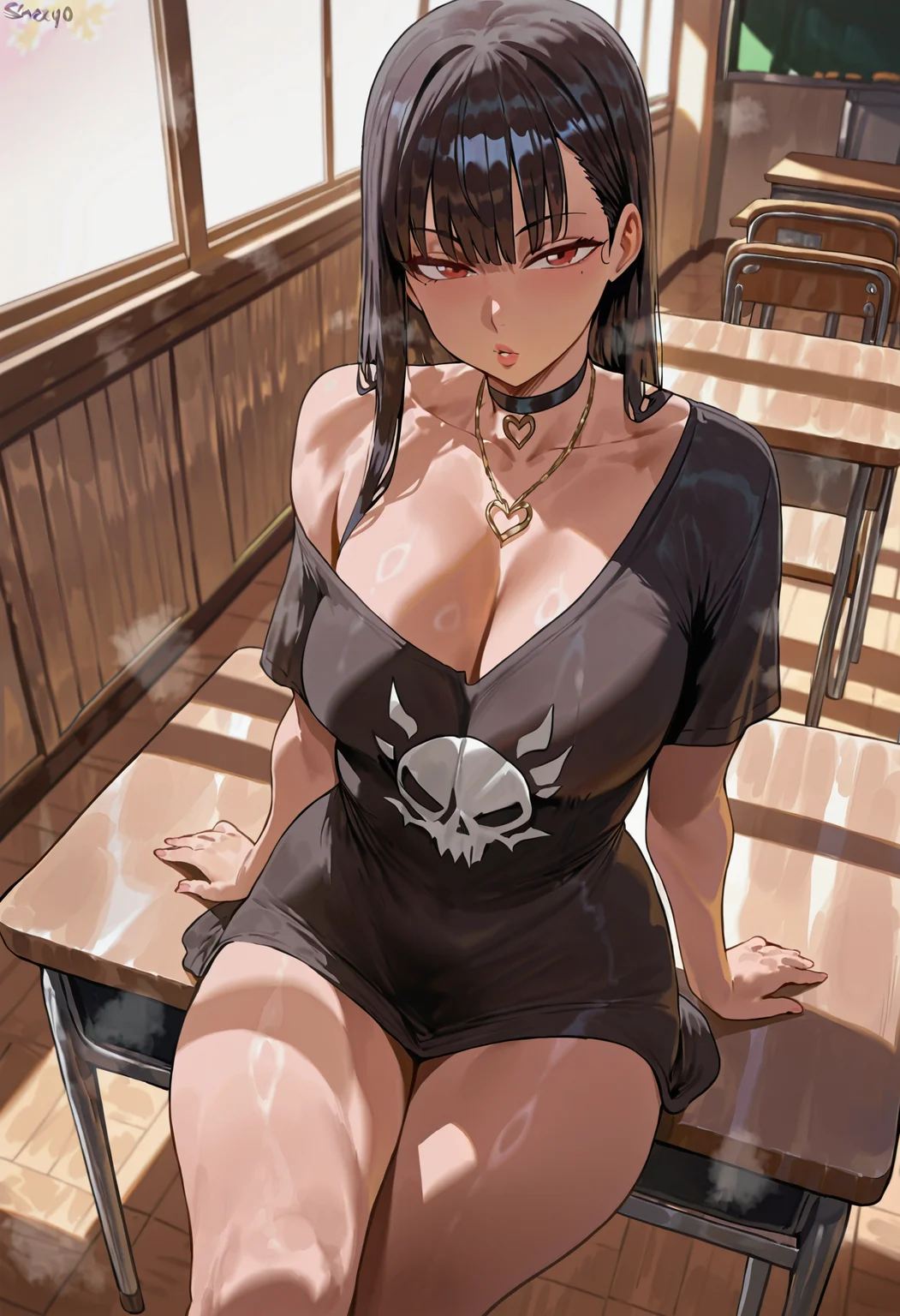<lora:c2hleHlv-illustriousXL_v01_V1-CAME>, Shexyo_New, 1girl, solo, red eyes, choker, sitting, black hair, looking at viewer, desk, necklace, black choker, breasts, jewelry, long hair, indoors, shirt, off shoulder, parted lips, black shirt, school desk, classroom, chair, single bare shoulder, thighs, school chair, cleavage, collarbone, on desk, heart, loose shirt, oversized clothes, window, short sleeves, mole, bare shoulders, sitting on desk, off-shoulder shirt, oversized shirt, large breasts, lips, medium breasts, hair behind ear, heart pendant, heart necklace, straight hair