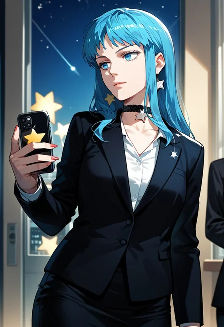 score_9,score_8_up,score_7_up,source_anime,Ha Yura,1girl,solo,skirt,choker,star \(symbol\),phone,formal,cellphone,suit,smartphone,pencil skirt,skirt suit,
