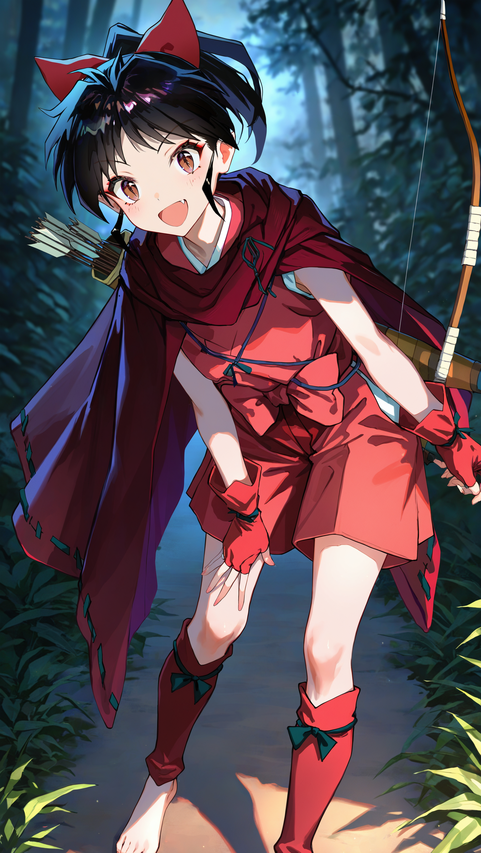 (artist:[|diyokama|fuzichoco|yoneyama mai|lam \(ramdayo\)|quasarcake]:0.8), (takahashi rumiko \(style\), inuyasha:1.2),
moroha, han'you no yashahime, 1girl, solo, barefoot, black hair, bow \(weapon\), ponytail, open mouth, brown eyes, fang, fingerless gloves, cape, hair bow, long hair, looking at viewer, japanese clothes, red bow, red gloves, full body, quiver, :d, hakama shorts, 
dark, backlighting, outdoors, scenery, leaning forward, 
masterpiece, best quality, very awa, absurdres
<lora:noobai_vpred_1_inuyasha_v1:1>
<lora:noobai_vpred_1_masterpieces_v1:1>