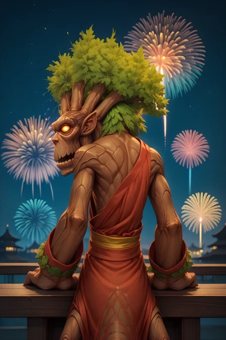 score_9, score_8_up, solo, <lora:NSTreantWoW:1> NSTreantWoW, brown skin, green hair, monster, from behind, looking back, red kimono, bare shoulders, fireworks