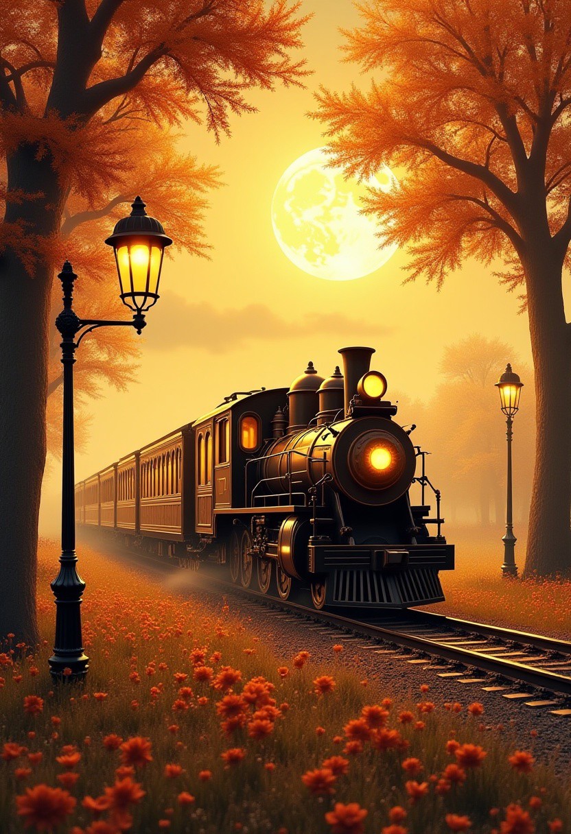 Hyperrealistic train detailed with blooming flowers, Image is a digital artwork featuring a vintage train traveling through a golden, autumnal landscape. The style is mosaic-like, with intricate details and a warm color palette dominated by shades of gold, brown, and amber. The train, with its ornate design and glowing windows, is the central subject, moving along tracks that reflect the golden light. Surrounding the train are two trees with shimmering leaves, framing a large, luminous full moon in the background. A vintage streetlamp stands to the left, casting a soft glow. The overall composition is symmetrical, with a harmonious blend of natural and man-made elements, creating a serene and nostalgic atmosphere.