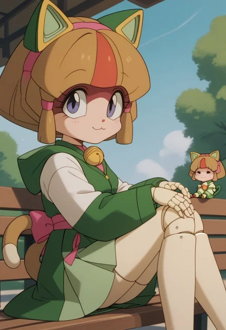 1girl, solo, (Otama, cat girl, two-tone fur, ((android)), doll joints, petite), score_9, score_8_up, score_7_up, score_6_up, score_5_up, score_4_up, (beautiful summer Park background:1,5), sitting on bench, chibi, short legs, cat tall, looking at viewer, 3/4 side view, slightly smile, hands on knees, short green kimono, green mini skirt, medium breasts,