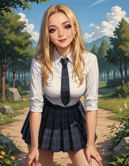 score_9, score_8_up, score_7_up, score_6_up, score_5_up, score_4_up, 1girl, long blonde hair, large breasts, makeup, lipstick, hud_schgrl, white collared shirt, necktie, plaid pleated skirt, <lora:hud_schgrl_XLP:0.6>, outdoors, realistic, closed mouth, smile, bent over