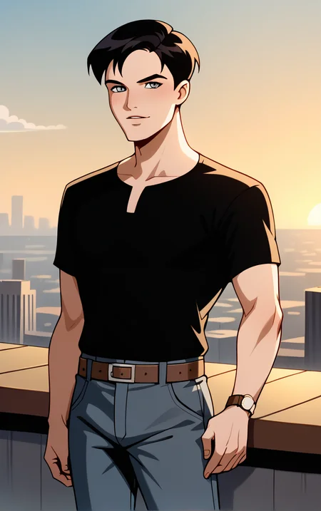 score_9, score_8_up, score_7_up, BREAK
BlackShirt_TerryMcGinnis_ownwaifu,
1boy, black hair, grey eyes, short hair, bangs,
black shirt, short sleeves, t-shirt, belt, brown belt, wristwatch, watch, grey pants, shirt tucked in, blue pants, belt buckle,
(contrapposto, hand on hip), sunset, sidelighting, cityscape, vanishing point, outdoors, depth of field, solo,
<lora:PONYXL_DC_BatManBeyond_TerryMcGinnis_ownwaifu_r1:0.7> , depth of field,