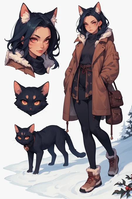 <lora:OMG-Is-DucHaiten_v1.0:0.45>, score_9, score_8_up, score_7_up, score_6_up, score_5_up, score_4_up,  <lora:Dynamic_Character_Model_Sheet:1> dynamic character design, feral cat girl, snow, female focus