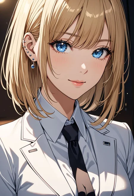 (anime, masterpiece, intricate:1.3), (best quality, hires textures, high detail:1.2), (4k),(incredibly detailed:1.4), perfect anatomy, correct sense of scale, side lighting, feminine body, shiny skin, graceful face, constricted waist, nice body, lips, Sexy mouth, high pointed nose, (nostrils:1.3), neatly drawn nose, 1woman, charming smile, gorgeous lips, blue eyes, white suit, tie, office lady, closed blouse, mini skirt, tights,  blonde bob hair, side bangs, medium breasts, ((piercing, two holes at the bottom of the ear, one at the top)) (best illumination, an extremely delicate and beautiful) 8k wallpaper, masterpiece, best quality, ultra-detailed, best shadow, volumetric lighting), (beautiful detailed face, beautiful detailed eyes) ,extreme details eyes, shiny skin, full body, ear piercing