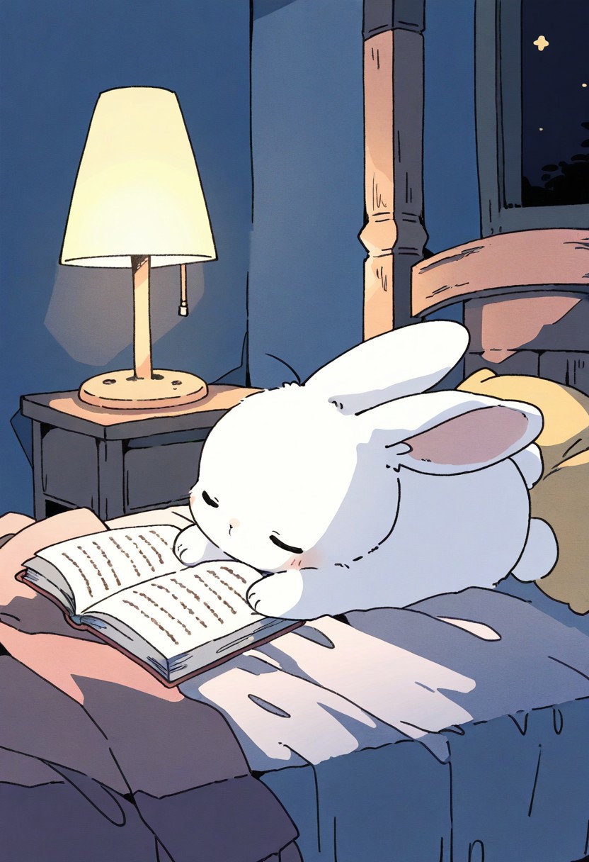 (masterpiece, best quality, high quality, highres), very awa, highres, absurdres,
(naguru \(cyoroama\), (chii-kun \(seedyoulater\):0.7), 
(rabbit:1.1),
(no humans:1.1), (cute:1.2), comfy, solo, cozy,
indoors, lying on the bed, reading a book, asleep, night, lamp,