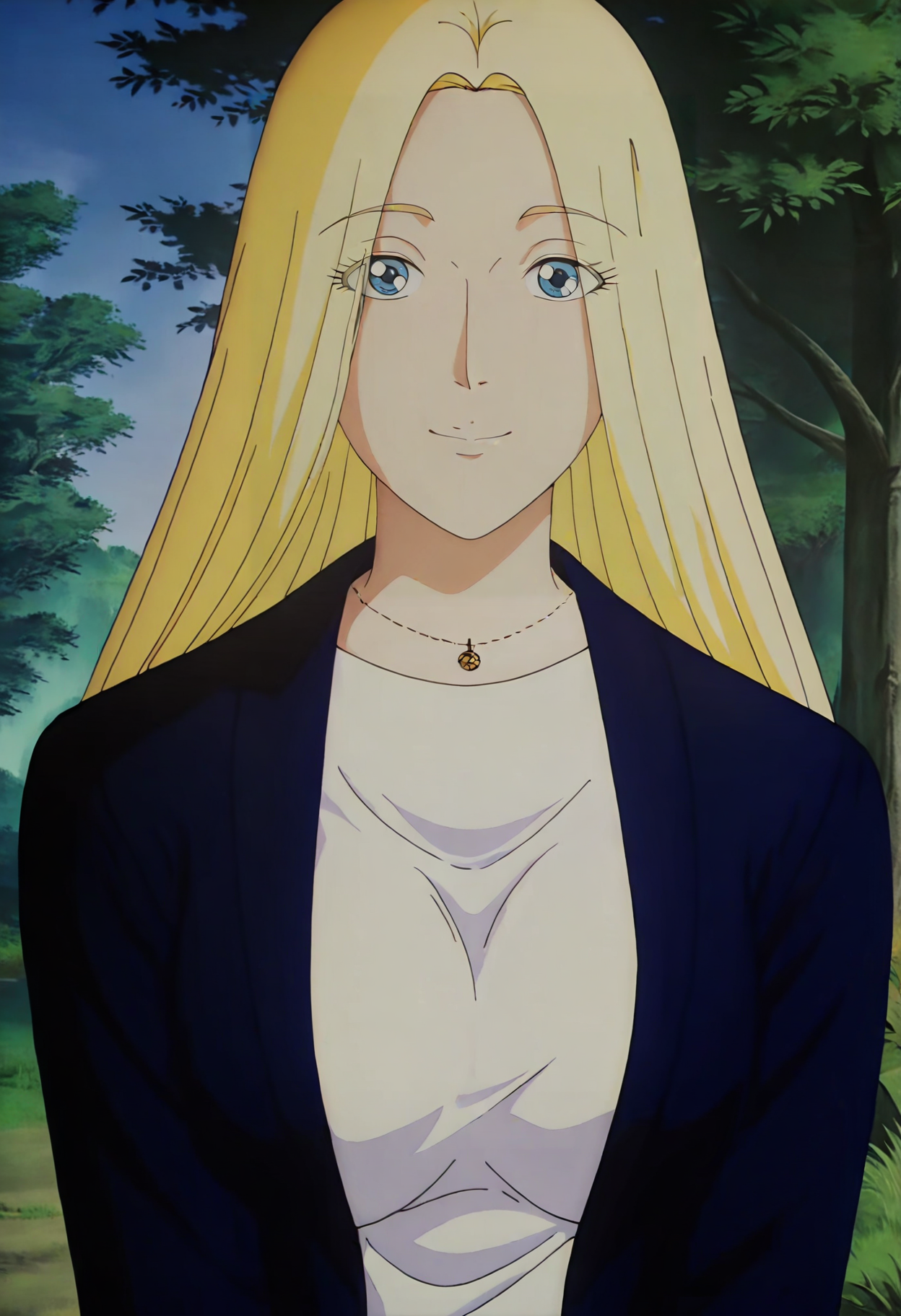 anime screencap,anime coloring,masterpiece,best quality,absurdres,amazing quality,official style,
<lora:Maria Friedrich-IL V1:1>,Maria Friedrich,1girl,solo,blonde hair,long hair,blue eyes,
MF outfit1,blue jacket,white shirt,looking at viewer,upper body,smile,looking at viewer,breasts,front view,outdoors,day,