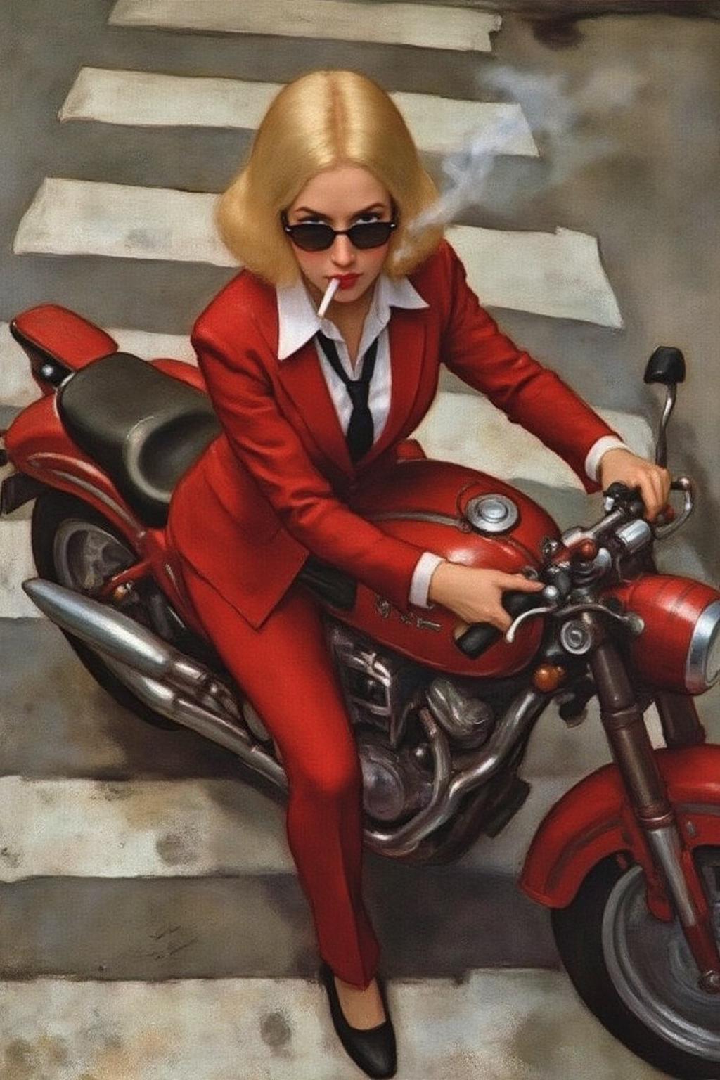 pietmondrian1 painting.
 Overhead shot of an Blonde woman walking away from a futuristic motorcycle parked at a zebra crossing. The woman has bob hair, is smoking. She wear a red business suit, white shirt, black tie, and sunglasses. She holds a gun with a confident grip. The motorcycle itself is red, sleek and metallic, with intricate designs and a futuristic vibe
 <lora:pietmondrian1_cap_d8a4e11:1.0><lora:860672879728020097:0>