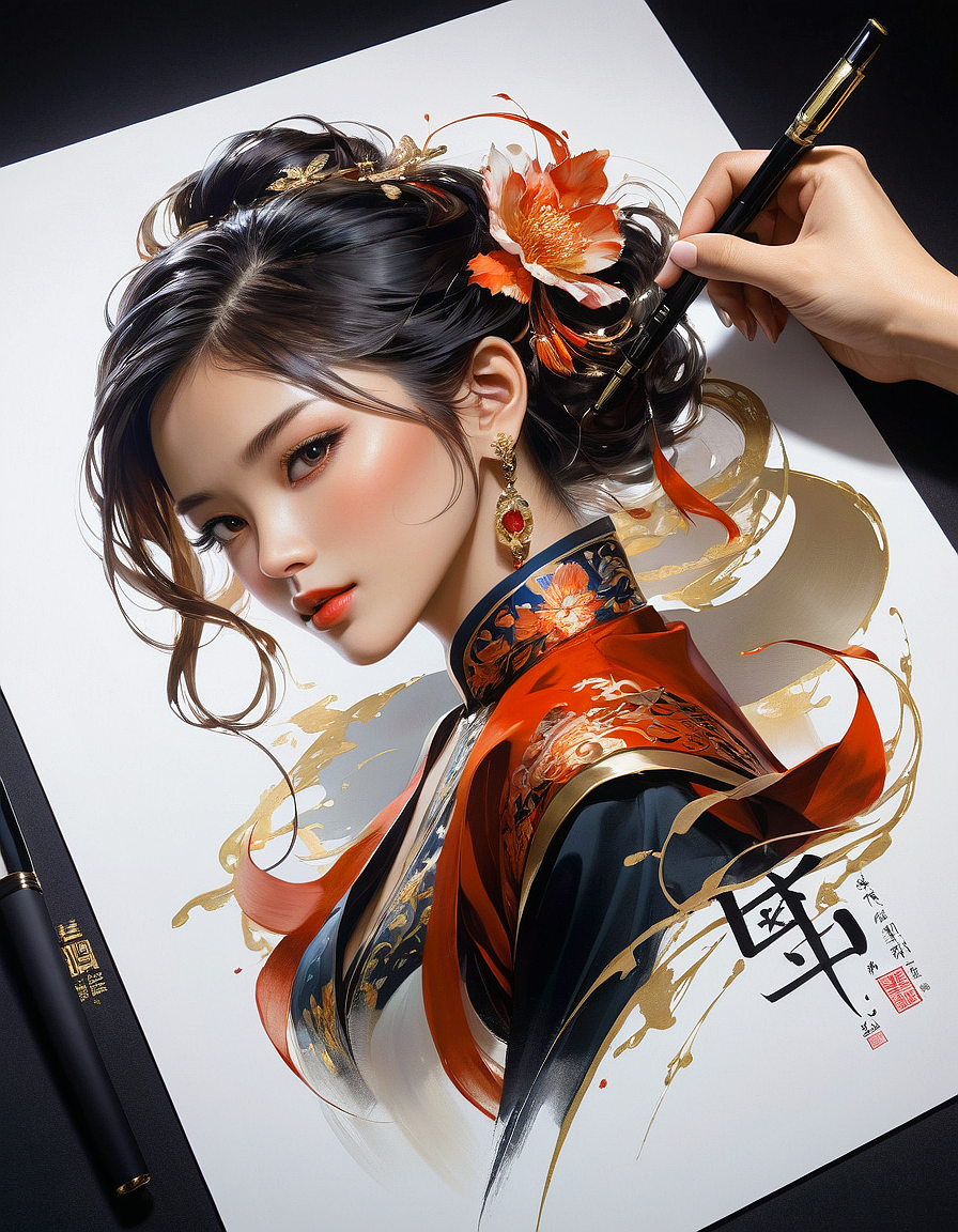 art fair, realistic, calligraphy, luxury, stylish, by shilin huang,
