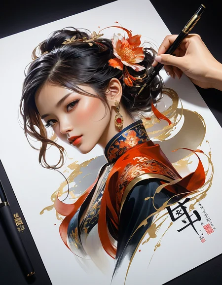 art fair, realistic, calligraphy, luxury, stylish, by shilin huang,