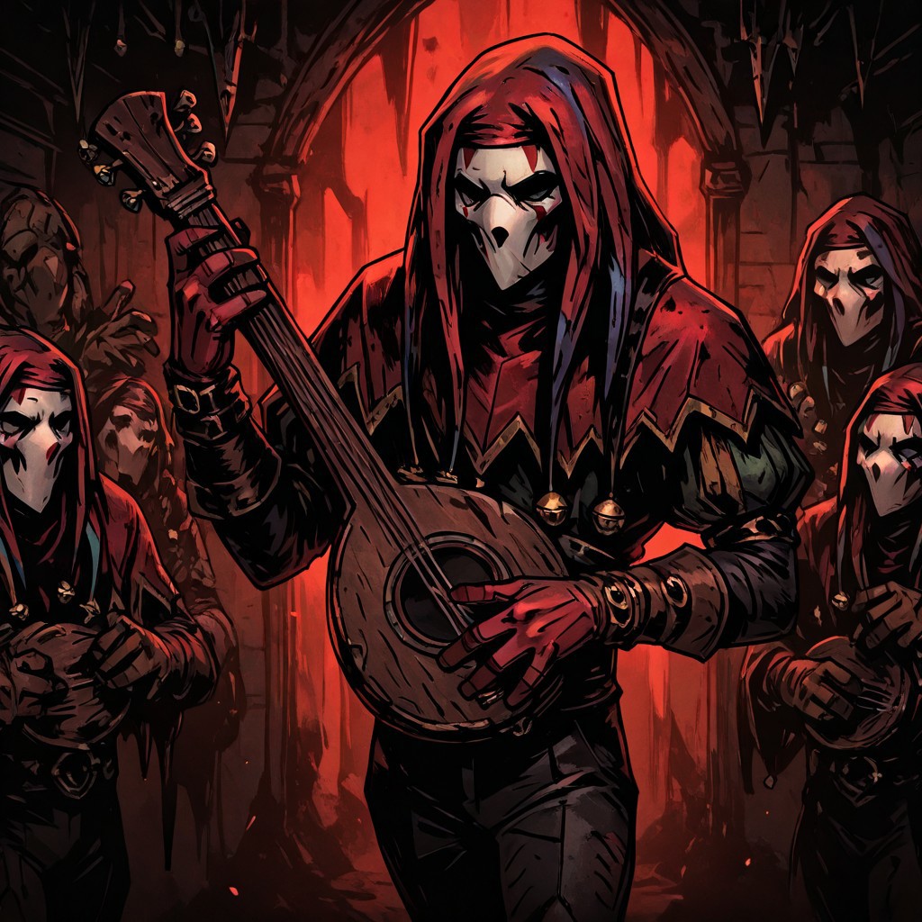 masterpiece, best quality, newest, absurdres, highres, TTCSV1.0,
((solo, solo focus)) 
1boy, DDjester-V1.1, black pants, gloves, mask, red gloves, red headwaer, instrument,