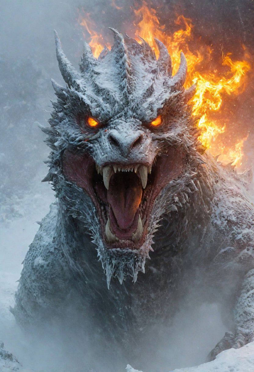 Monstrous blizzard with the fierce face of a dragon, engulfed in whiteout conditions, flames and fire, and buffeting winds. Cinematic, mysterious, sinister, scary, wild, deadly, and beastly. A nightmarish masterpiece.