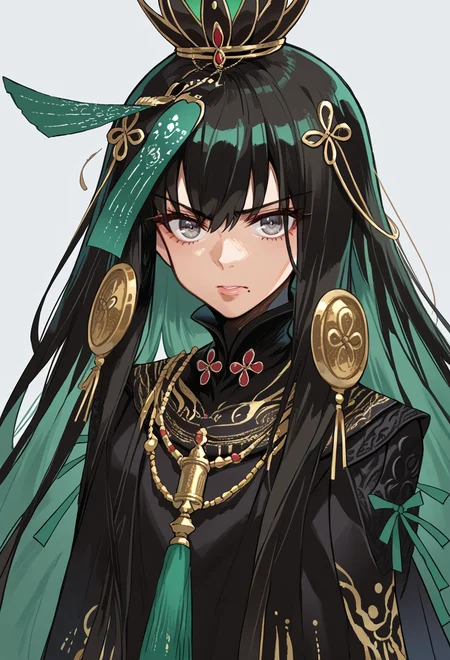 score_9, score_7_up, source_anime, BREAK   <lora:Qu__PGR-Punishing_Gray_Raven__All_Classes_Coming_Soon:1> Pavo, grey eyes, multicolored hair, black hair, green inner hair, long hair, mole under lips, Pavo clothes, Pavo crown, <lora:AERingo:1> linear hatching,