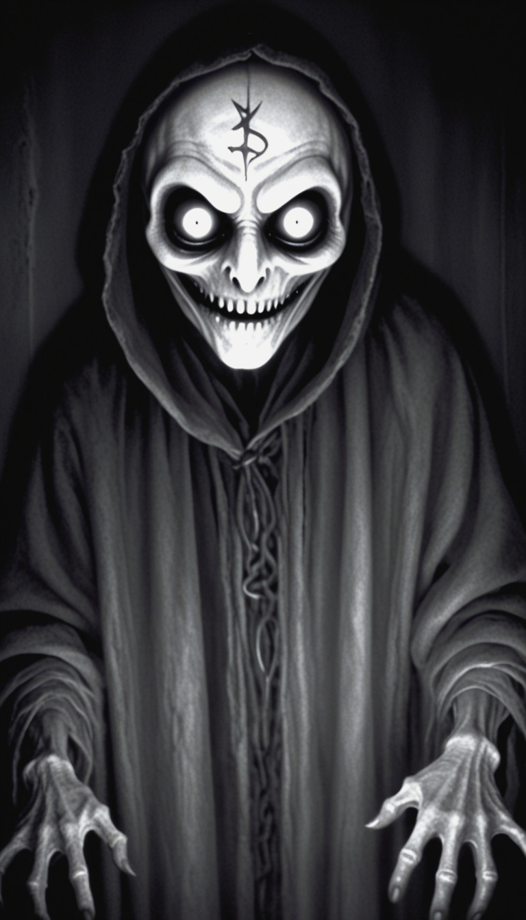 monochrome, horror,
shadow, dark and mysterious creature,close up,shrouded and darkness, white  runic text ,grin, intriguing glowing  eyes , photo,Roger Ballen
