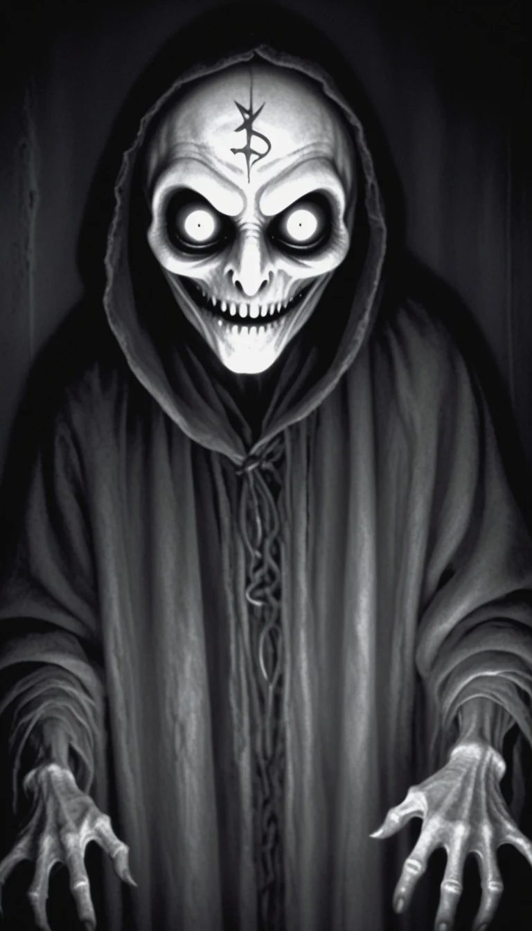 monochrome, horror,
shadow, dark and mysterious creature,close up,shrouded and darkness, white runic text ,grin, intriguing glowing eyes , photo,Roger Ballen