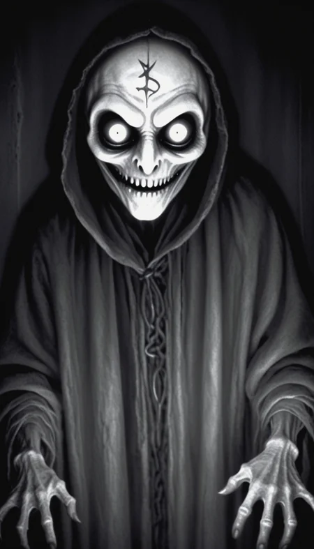 monochrome, horror,
shadow, dark and mysterious creature,close up,shrouded and darkness, white runic text ,grin, intriguing glowing eyes , photo,Roger Ballen