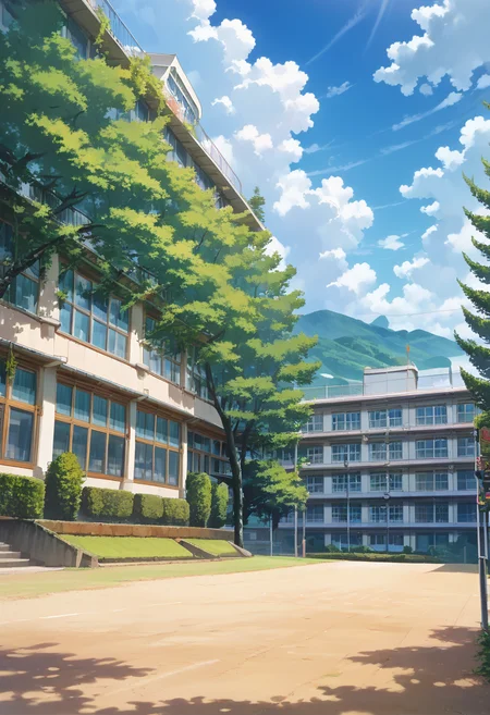 score_9, score_8_up, score_7_up, rating_safe, masterpiece, best quality, absurdres, unity 8k wallpaper, official art, official style, source_anime, uncensored, game cg, megami magazine,
koutei, outdoors, tree, scenery, sky, building, cloud, cloudy sky, japan, window
<lora:gakkou_ground_PONY_V1:1>