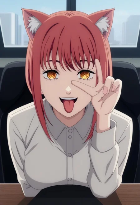 (best quality, absurd res, ultra detailed), rating_explicit, 1girl, mak1ma0, red hair, long hair, ringed eyes, cat ears, bell pierce cat ear, vgtsav, hand on own face, siting on knees, tongue out, smile, happy face, background, office, japan, table, window, day, sunlight