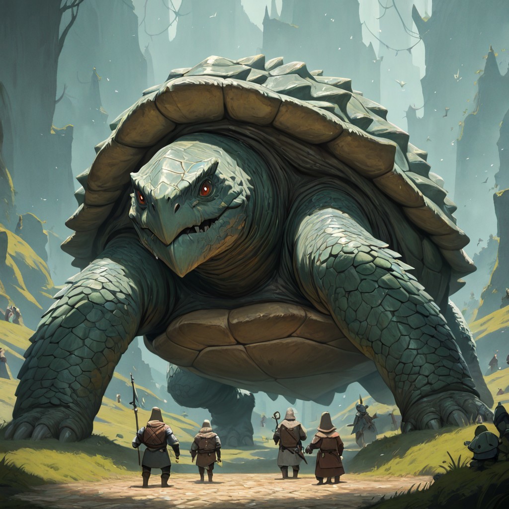 masterpiece, best quality, newest, absurdres, highres, DT-BOIB, DTV1.0, Turtle, Dragon, monster, no humans, medieval, fantasy,