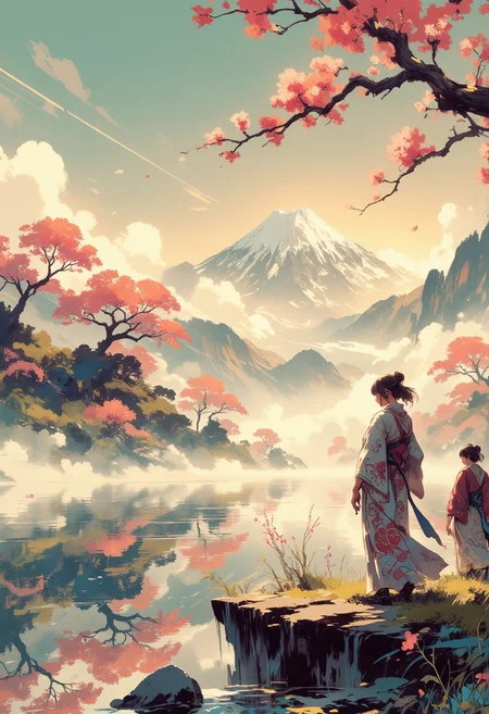 Mh1$AgThS2, intricate linework with expressive contrasts, soft lighting with dynamic highlights, a tranquil large lake in the uplands, sakura trees, blossom, mist, dawn, reflection, with mount fuji in the distance, 2 japanese women in patterned knimons, obis, In the style of ff-td