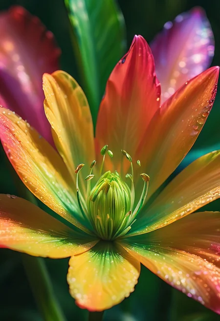 official art, unity 8k wallpaper, ultra detailed, beautiful and aesthetic, masterpiece, best quality,
A stunningly vibrant close-up of a colorful flower petal. Against this serene backdrop, a tiny, iridescent green fairy is about to perch delicately on the edge of the petal.