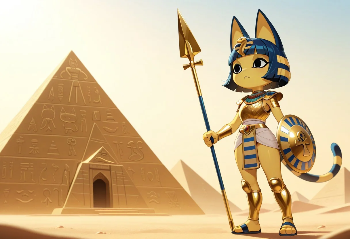 masterpiece, best quality, ultra-detailed, amazing quality, very aesthetic, chiaroscuro, 1girl, solo, ankhaILL, cat ears, tail, cat girl, cat tail, bangs, egyptian armor, snake hair ornament, blunt bangs, blue hair, bob cut, black eyes, colored skin, striped tail, short hair, furry, furry female, anthro, standing, outdoors, desert, pyramids, temple, holding shield, holding spear, shoulder armor, shoulder pads, gold trim, ankh, hieroglyphs, egyptian breastplate, sandals, greaves,