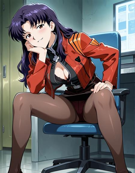 masterpiece,best quality,anime coloring,anime screenshot,
<lra:bra_peek:1>bra_peekV1,
1girl,pantyhose, blush, solo,
skirt,panties,  (bra peek:1.4), black lace bra, seductive smile, 
panty shot, sexy pose,sitting,  chair, legs apart, head rest, 
full body, 
Commander's Room,screen,
BREAK
katsuragi misato,  neon genesis evangelion, official art,  open jacket, black shirt,