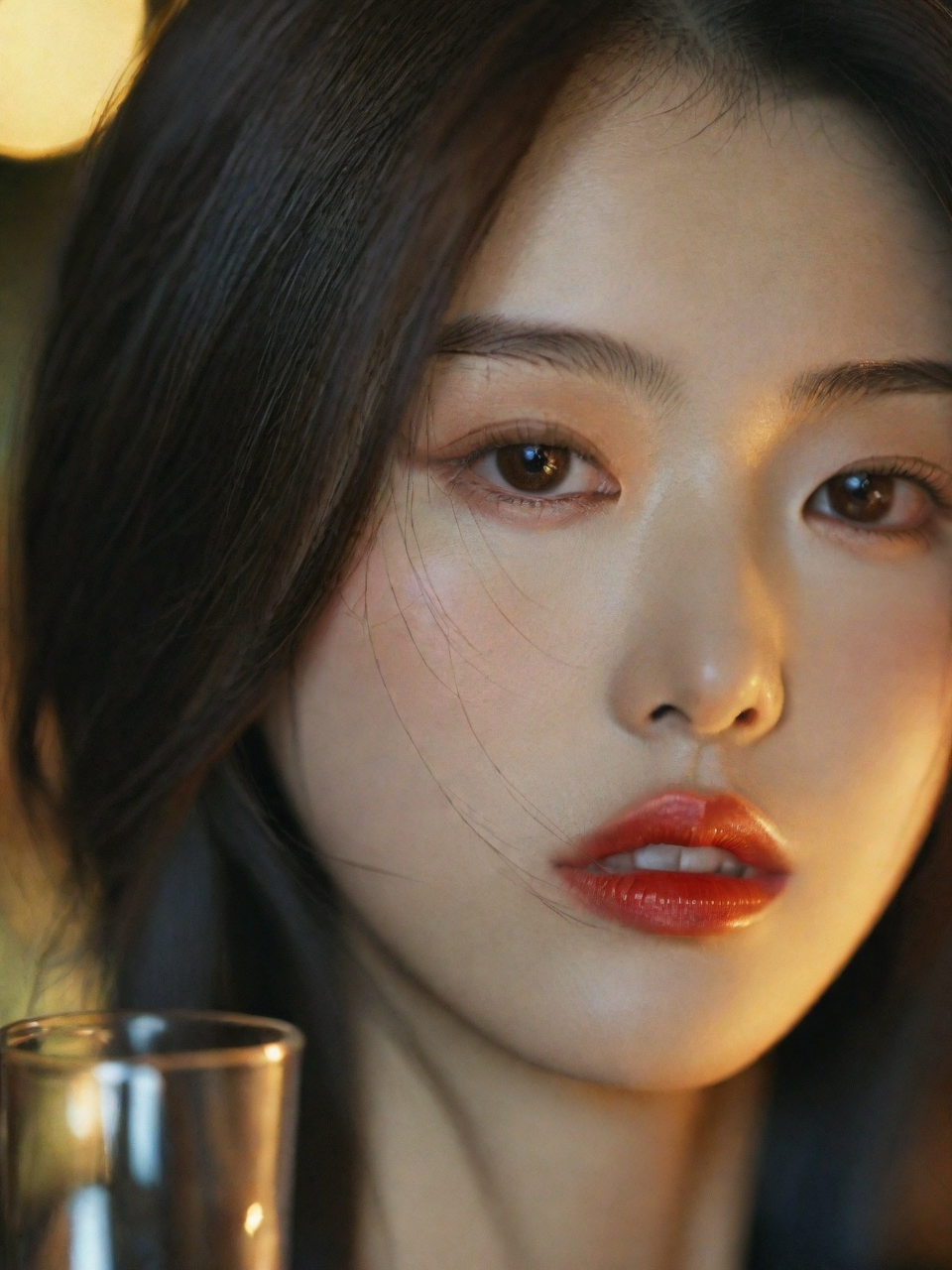 Oriental Girl,Depth of field,alcohol,parted lips,brown hair,bokeh,black hair,Ultra HD,shot by a Hasselblad camera,with high-definition,ultra-realistic skin details,