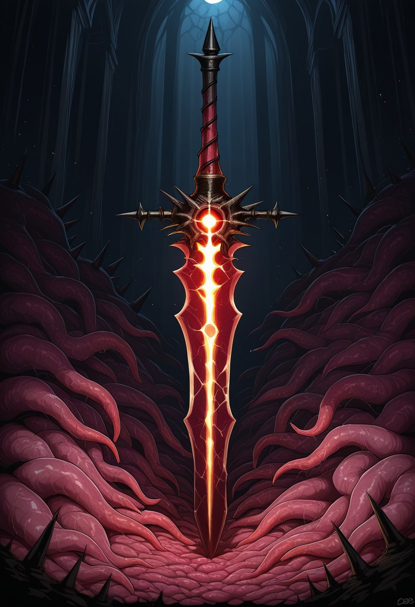 MASTERPIECE, AMAZING QUALITY, NO HUMANS, G0DSW0RD, LIVING SWORD, SWORD OF FLESH, EYES ON SWORD, SPIKES