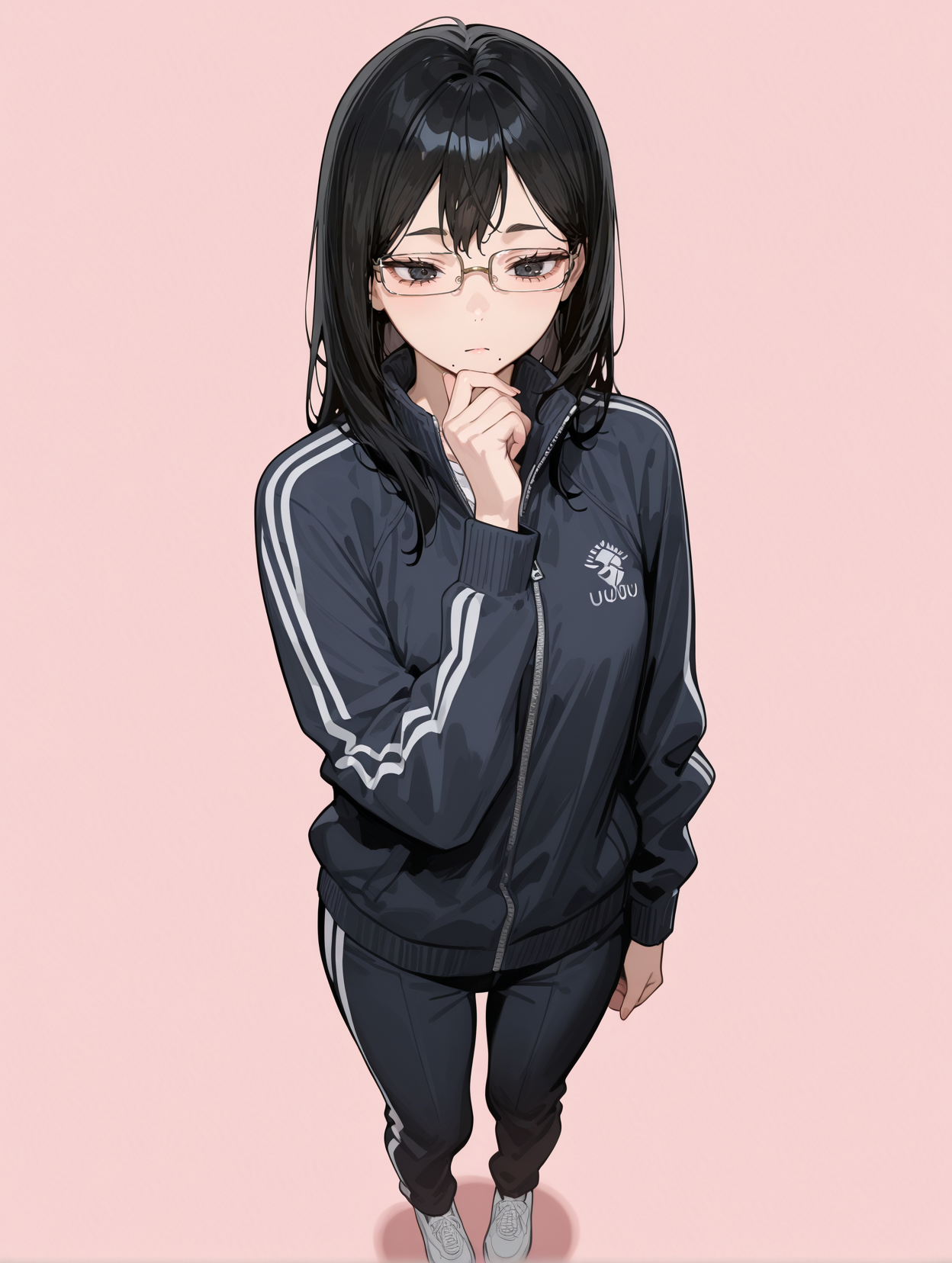 masterpiece,best quality,amazing quality,very aesthetic,absurdres,newest,
front view,full_shot,Doubtful expression,
ShimizukiyokoCYQL,1girl,solo,long hair,black hair,black eyes,glasses,semi-rimless eyewear,mole,mole under mouth,black jacket,track jacket,track suit,black pants,shoes,
full body,standing,hand_on_own_chin,,
pink background,simple background,
usnr,748cmstyle,<lora:USNR STYLE_XL_loha:0.45>,<lora:spo_sdxl_10ep_4k-data_lora_webui:0.6>,<lora:illustrious_all_rated_v1:0.6>,<lora:748cmSDXL:0.6>,<lora:illustrious_quality_modifiers_masterpieces_v1:0.8>,<lora:ShimizukiyokoCYQL:1>,