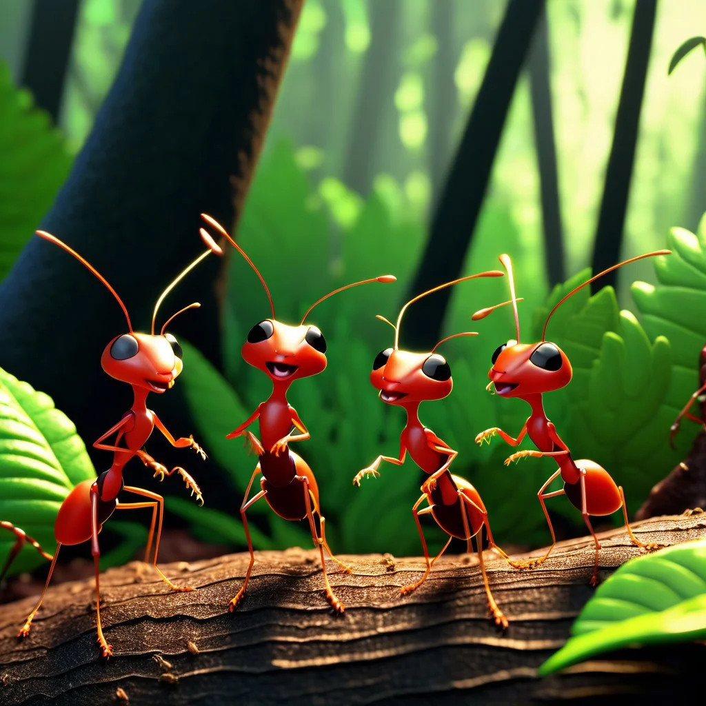 bipedal ants singing in the forest in a 3d animation for movies