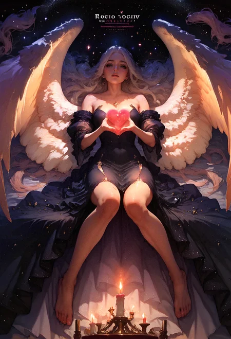 score_9, score_8_up, score_8, 1girl, large angel wings, full body, feet, candles, holding glowing heart, black galaxy dress, stylish, fashionable, magazine cover style illustration, helvetica bold <lora:pony/twilight_style:0.8> concept art, realistic <lora:pony/expressiveh:0.8> expressiveh <lora:sdxl/princess_xl_v2:0.8> <lora:sdxl/sinfully_stylish_sdxl>