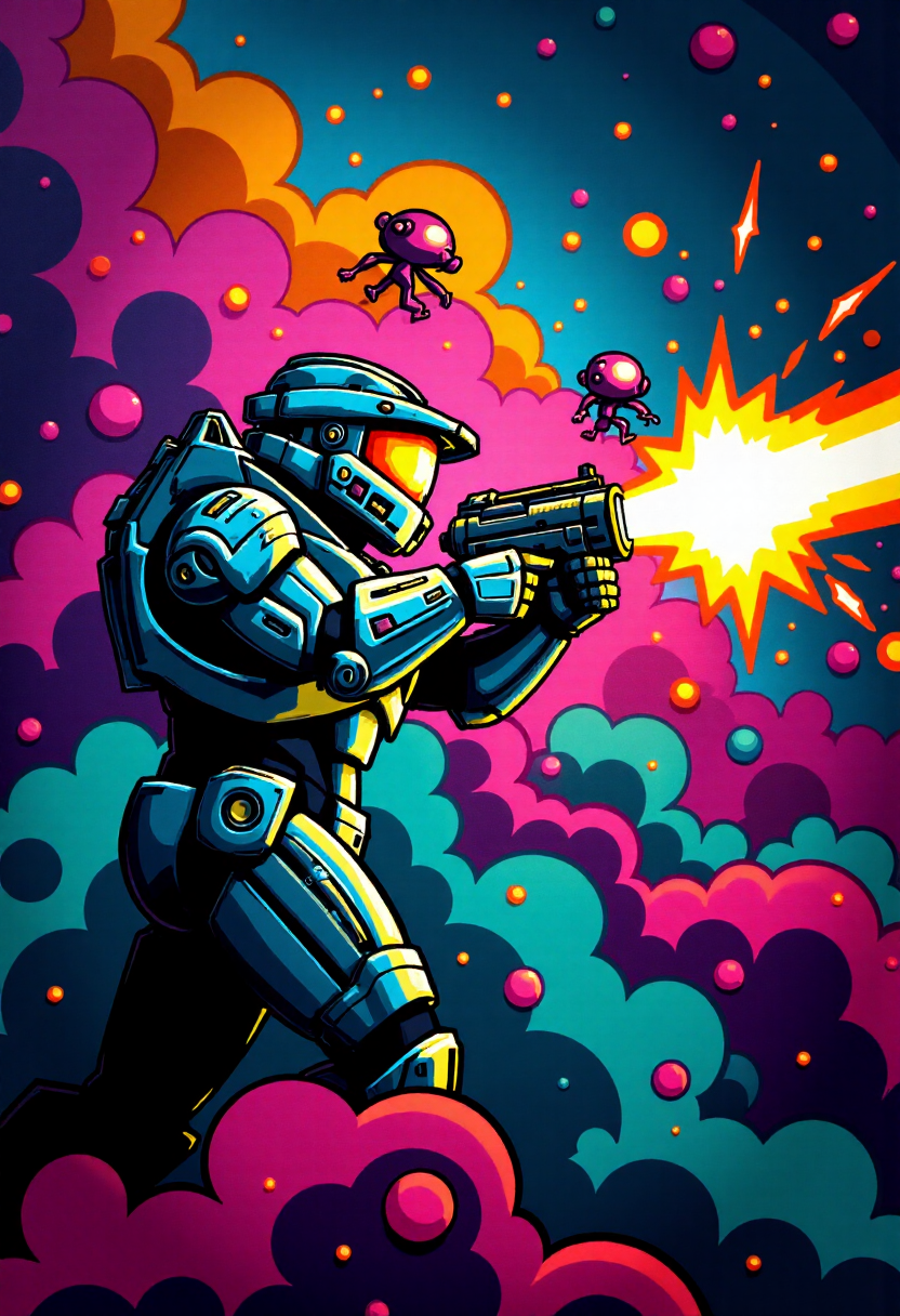 <lora:Graffiti_Characters2_FLUX-000011 (1):0.9>
This is a vibrant, stylized digital drawing set against a dramatic, abstract background, of a  Master Chief shooting at aliens in space
