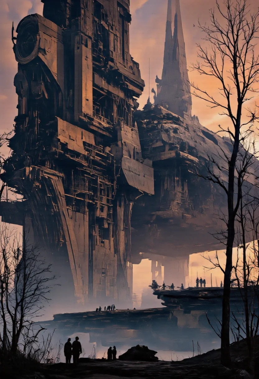 Art by Ronan Le Fur. A digital illustration shoot from below about a futuristic, sci-fi scene featuring a large, imposing structure resembling a spaceship, towering over a desolate landscape during sunset. the image also shows silhouettes of people in the foreground, and in the background, there are tall, jagged structures that appear to be part of a larger, more imposing structure. on the center of the image, a group of people can be seen standing in a line, facing away from the camera, while in the distance, a few more people are visible. the structure appears to be made of metal and has a metallic sheen, with intricate details that give it a futuristic feel. it is surrounded by bare trees, with a gradient of orange and pink hues in the sky, creating a sense of depth and atmosphere.
