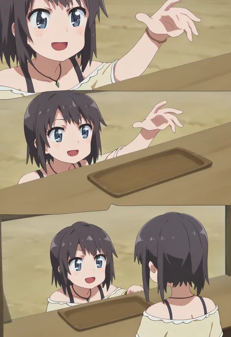 score_9, score_8_up, score_7_up, source_anime,
BREAK
<lora:shiHanaMeme5V1:1>,
hamefull, blush, smile, open mouth, multiple girls, 2girls, comic, :d, table, parody, bowl, clenched hand,
1girl, solo, anime screencap, anime coloring,
<lora:shiYukSisV1:1> harudef, short hair, black hair, blue eyes, yellow shirt, cleavage, jewelry, necklace, bracelet, off shoulder,