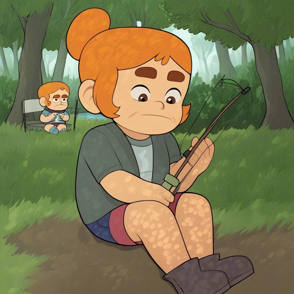 score_9, solo, kelsey_p, thick eyebrows, orange hair, single hair bun, shorts, cute, classroom, 1 girl, 1boy, old man, ugly man, kelsey and old man fishing, grass, tree, forest at the river, fishing Rod, sitting, enjoying the nature, river,