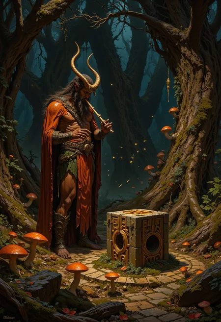 A satyr playing a bone flute at dusk in a dense autumn forest, surrounded by glowing mushrooms and ethereal fireflies, his hooves barely touch the moss-covered ground, an ancient stone altar covered in offerings sits nearby, the air is thick with an occult vibe, unseen eyes watching from the trees, the satyr’s music is soft, weaving through the trees like a spell, the colors are muted golds, oranges, and deep reds, the setting feels timeless and otherworldly, a hidden place of ancient rites.