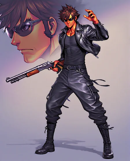 trineal, hued shading, vibrant shading, sshdw, colorful, detailed shading, hued shading, soft shadows, GOHARNO, 1boy, toned male, tanned skin, short hair, spiked hair, brown hair, sideburns, brown eyes, thick eyebrows, cleft chin, black shirt, leather jacket, zipper, black sunglasses, holding weapon, shotgun, hand up, serious, slight frown, black pants, black boots, masterpiece, best quality, absurdres