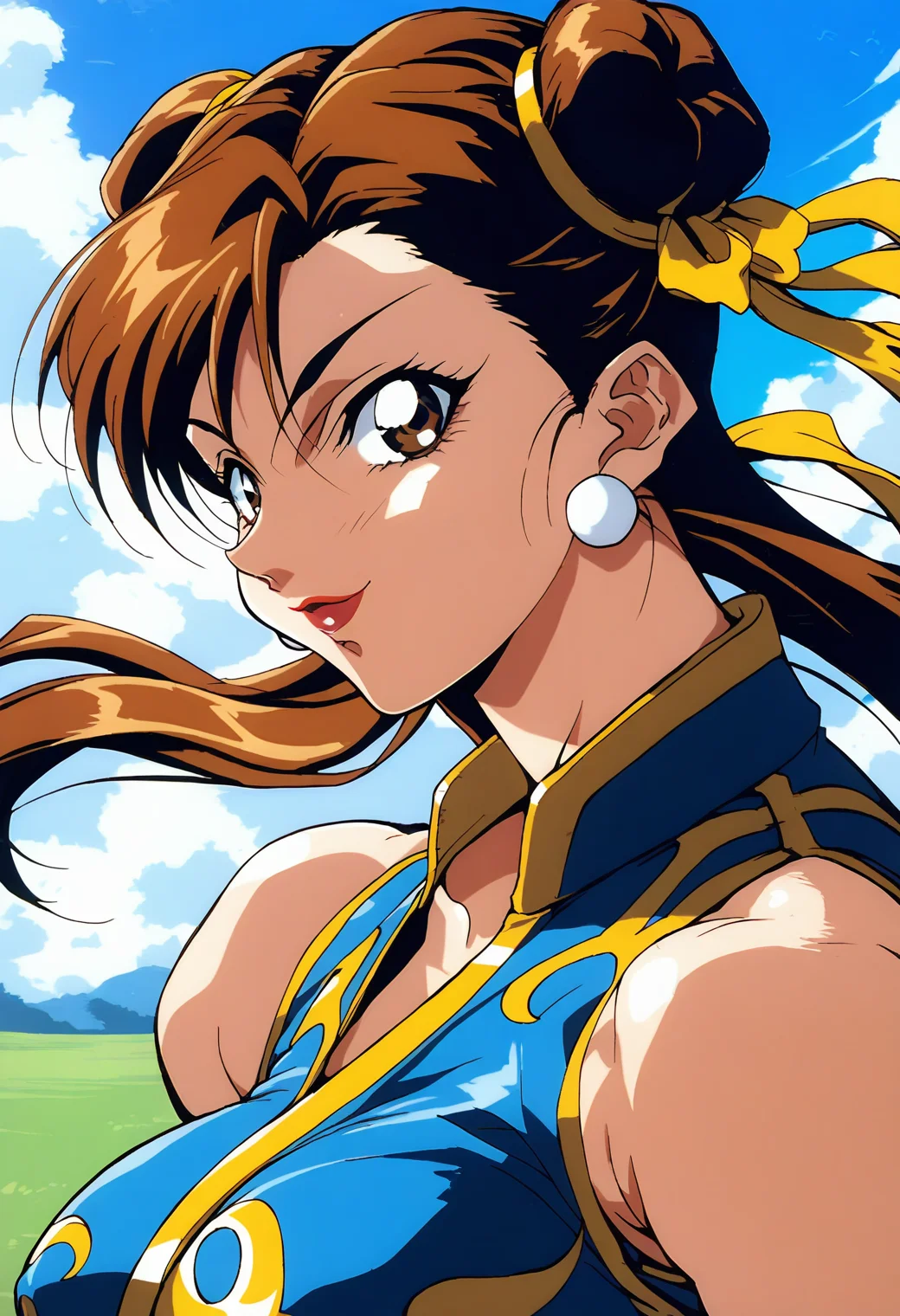 1girl, solo, (field:1.2), (sky:1.2), (upper body:1.2), large breasts, smile, oobari_style, retro artstyle, 1990s \(style\), <lora:oobari_style_pony_ver1:0.8>
chun-li, street_fighter, 1girl, brown_hair, brown_eyes, doy, score_9, score_8_up, score_7_up, source_anime, best quality, uncensored, rating_safe,