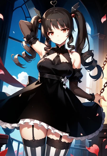 score_9,score_8_up,score_7_up,source_anime, Lily Bloommerchen,1girl,solo,long hair,breasts,looking at viewer,brown hair,black hair,hair ornament,red eyes,thighhighs,dress,twintails,medium breasts,heart,detached sleeves,striped,black dress,petals,chain,garter straps,drill hair,twin drills,striped thighhighs,arm behind head,