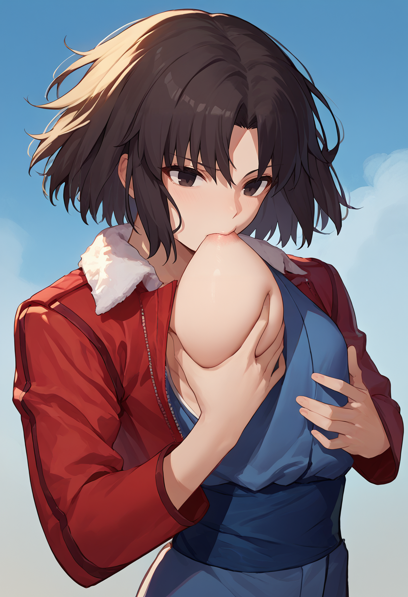 score_9, score_8_up, score_7_up, source_anime, 1girl,  self breast sucking,  <lora:Self Breast SuckingPonyXL-000014:1>      <lora:Shiki:1> ryougi shiki, short hair, black hair, black eyes, red leather jacket, blue kimono, fur trim