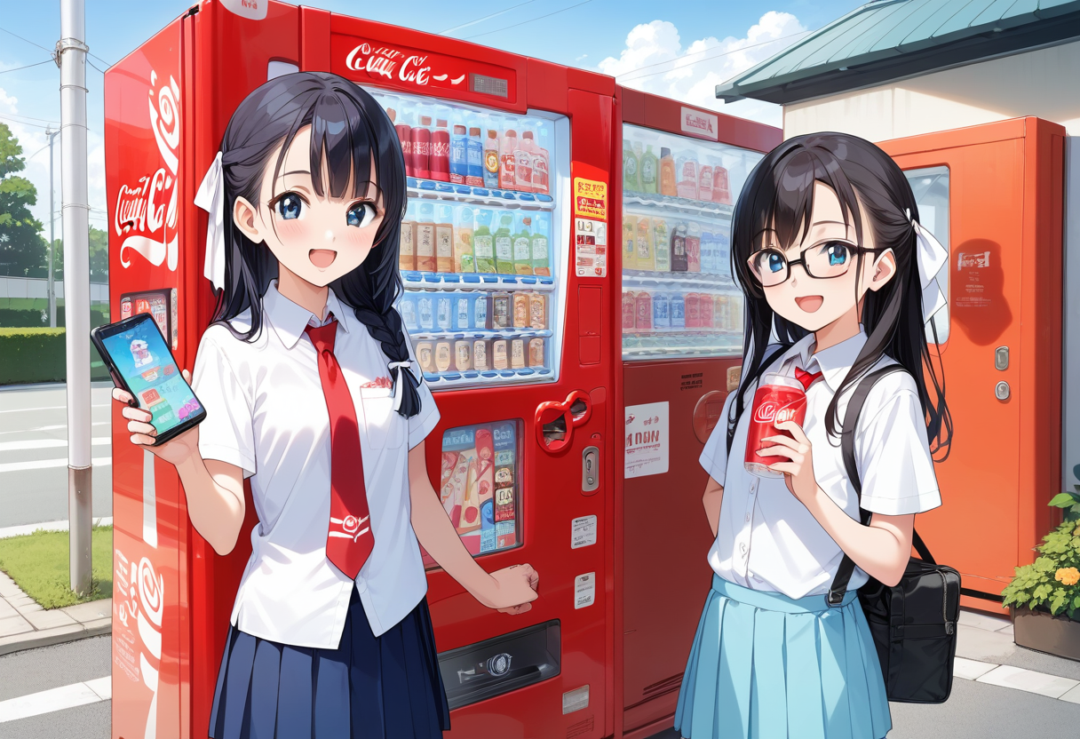 score_9, score_8_up, score_7_up, rating_safe, masterpiece, best quality, absurdres, unity 8k wallpaper, official art, official style, source_anime, uncensored, game cg, megami magazine,
1girl, solo, glasses, black hair, long hair, braid, hair ribbon, collared shirt, red necktie, short sleeves, pleated skirt, blue skirt, looking at viewer, blush, laughing, holding smartphone, standing, 
vending machine, outdoors, building, plant, road, day, coca-cola, utility pole
 <lora:jihanki_PONY_V1:0.8>