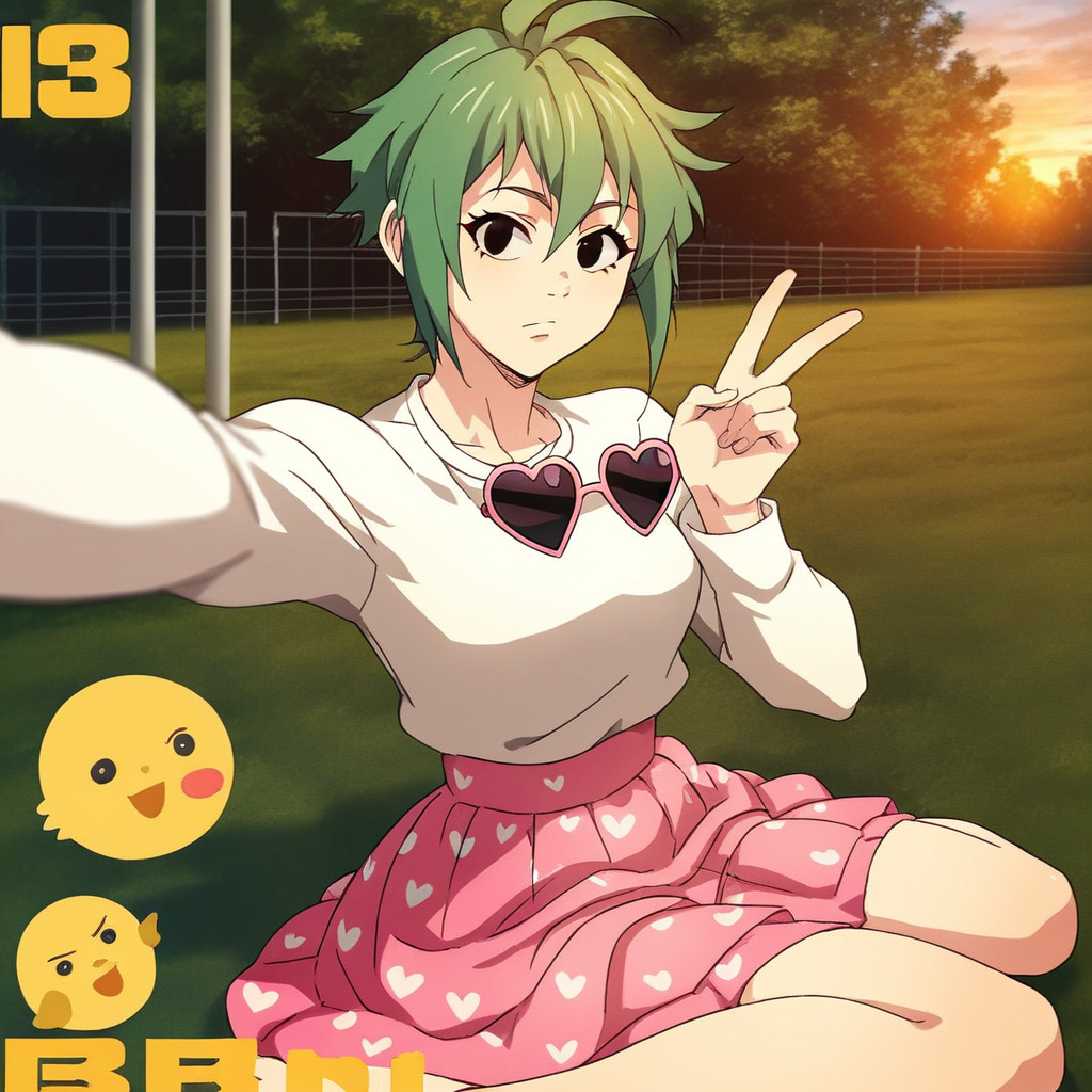 score_9, score_8_up, score_7_up, source_anime, official artstyle, by Ichan01 (IgnitionCrisis), 1girl, solo, green hair, medium hair, bob hairstyle, bangs, beautiful, black eyes, sitting, posing, taking a selfie, heart shaped sunglasses, v, emoji print skirt, pink blouse, long sleeves, outdoors, park, sunset, detailed face