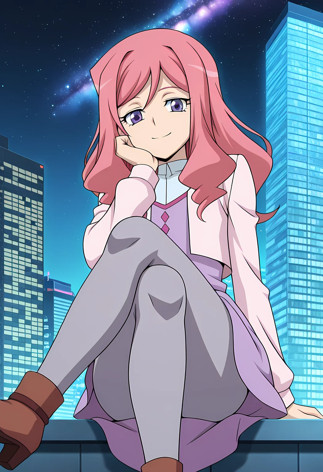 masterpiece,best quality,amazing quality,
solo,
Kumi Okazaki (Cardfight Vanguard), long hair, pink hair, purple eyes,
dress, long sleeves, grey pantyhose, brown footwear,
looking at viewer, smile, cheeks leaning on arm,
cinematic, crossing legs,
Outdoors, night, On top skyscraper, sci-fi city, (galaxy sky:1.2),
Lens flare, bloom,
Official style, anime screencap, anime coloring,