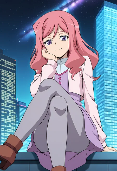 masterpiece,best quality,amazing quality,
solo,
Kumi Okazaki (Cardfight Vanguard), long hair, pink hair, purple eyes,
dress, long sleeves, grey pantyhose, brown footwear,
looking at viewer, smile, cheeks leaning on arm,
cinematic, crossing legs,
Outdoors, night, On top skyscraper, sci-fi city, (galaxy sky:1.2),
Lens flare, bloom,
Official style, anime screencap, anime coloring,