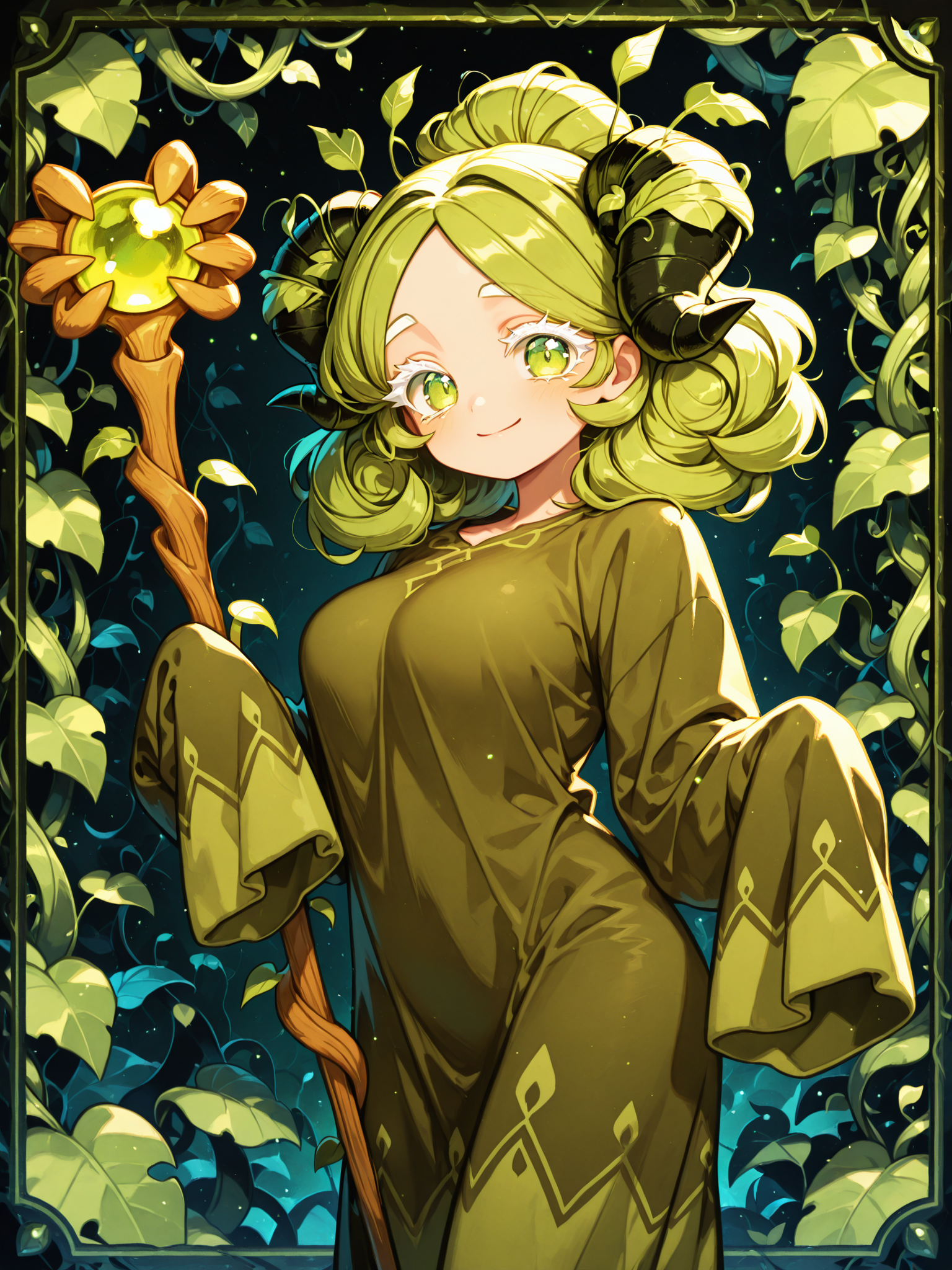 <lora:MatchaXL:1> MCCRO, 1girl, long sleeves, horns, medium hair, robe, smile, holding, sleeves past wrists, staff, sleeves past fingers, holding staff, hair bun, white eyelashes, breasts, green eyes, green hair, 
gradient background, vines background, cowboy shot, simple background, dark background, border, looking at viewer, 
<lora:spo_sdxl_10ep_4k-data_lora_webui:0.5> <lora:cfg_scale_boost:0.9> volumetric lighting, masterpiece, best quality, amazing quality, very aesthetic, absurdres, newest, soft lighting, dim lighting <lora:retrocute:1> <lora:omoyunakyu715-_style_Illustrious:0.3> omoyu_nakyu715