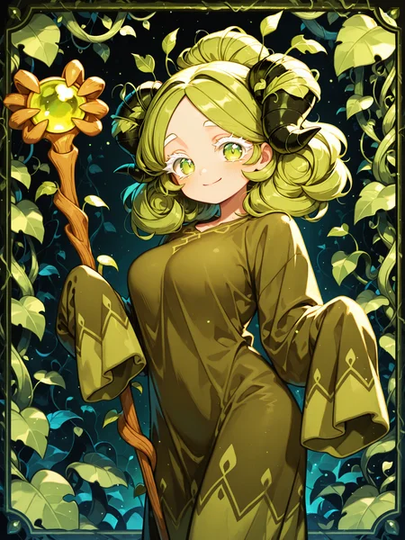 <lora:MatchaXL:1> MCCRO, 1girl, long sleeves, horns, medium hair, robe, smile, holding, sleeves past wrists, staff, sleeves past fingers, holding staff, hair bun, white eyelashes, breasts, green eyes, green hair, 
gradient background, vines background, cowboy shot, simple background, dark background, border, looking at viewer, 
<lora:spo_sdxl_10ep_4k-data_lora_webui:0.5> <lora:cfg_scale_boost:0.9> volumetric lighting, masterpiece, best quality, amazing quality, very aesthetic, absurdres, newest, soft lighting, dim lighting <lora:retrocute:1> <lora:omoyunakyu715-_style_Illustrious:0.3> omoyu_nakyu715