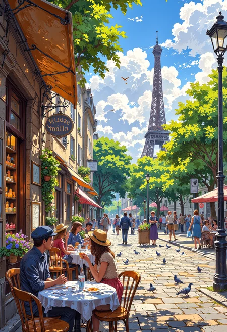 A charming Parisian café on a cobblestone street, where elegantly dressed tourists and locals sip on cappuccinos and nibble on fresh croissants at outdoor tables adorned with small vases of lavender. A painter in a beret and paint-stained apron captures the majestic Eiffel Tower in the distance on his canvas, while a street musician plays a soft melody on an accordion. Across the street, a fromagerie offers an array of artisan cheeses, and a nearby patisserie displays colorful macarons in its window. Pigeons flutter around the square, where couples and families pose for photographs beneath the vintage Parisian lampposts. The scene is vibrant, cozy, and effortlessly chic.